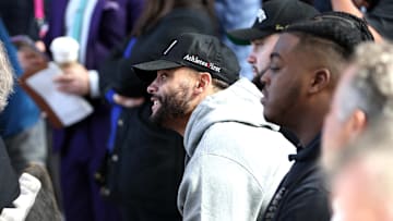 Jan 27, 2025; Frisco, TX, USA;   Dallas Cowboys quarterback Dak Prescott listens to head coach Brian Schottenheimer (not pictured)   at a press conference at the Star.  Mandatory Credit: Tim Heitman-Imagn Images