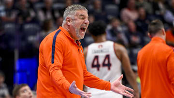 Mar 14, 2025; Nashville, TN, USA;  Auburn Tigers head coach Bruce Pearl yells to his team against the Mississippi Rebels during the first half at Bridgestone Arena. Mandatory Credit: Steve Roberts-Imagn Images