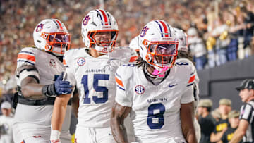 Auburn wide receiver Cam Coleman (8) celebrates this two point conversion against Vanderbilt during the fourth quarter at FirstBank Stadium in Nashville, Tenn., Saturday, Nov. 8, 2025.