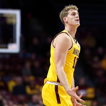 Nov 3, 2025; Minneapolis, Minnesota, USA; Minnesota Golden Gophers forward Cade Tyson (10) celebrates a three point basket against the Gardner-Webb Runnin' Bulldogs during the first half at Williams Arena. Mandatory Credit: Matt Krohn-Imagn Images