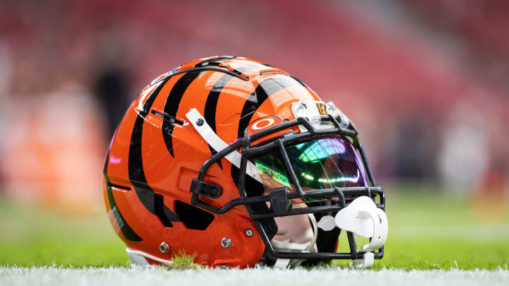 Oct 8, 2023; Glendale, Arizona, USA; Detailed view of a Cincinnati Bengals helmet at State Farm Stadium. Mandatory Credit: Mark J. Rebilas-USA TODAY Sports