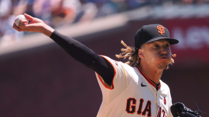 Jun 30, 2024; San Francisco, California, USA; San Francisco Giants starting pitcher Spencer Bivens (76) pitches the ball against the Los Angeles Dodgers during the first inning at Oracle Park.  Kelley L Cox-USA TODAY Sports
