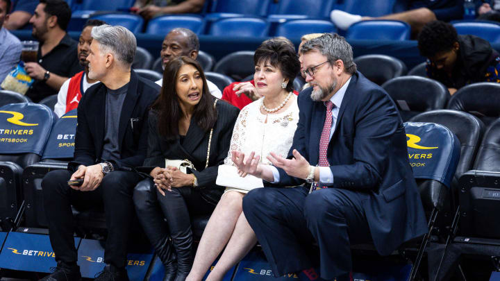 Apr 1, 2023; New Orleans, Louisiana, USA;  New Orleans Pelicans owner Gayle Benson, in white, looks on during warms ups before the game against the LA Clippers at Smoothie King Center. Mandatory Credit: Stephen Lew-USA TODAY Sports