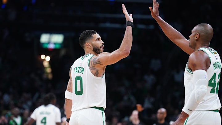 May 5, 2025; Boston, Massachusetts, USA; Boston Celtics forward Jayson Tatum (0) and center Al Horford (42) react after play against the New York Knicks in the third quarter during game one of the second round for the 2025 NBA Playoffs at TD Garden. Mandatory Credit: David Butler II-Imagn Images May 5, 2025; Boston, Massachusetts, USA; Boston Celtics forward Jayson Tatum (0) and center Al Horford (42) react after play against the New York Knicks in the third quarter during game one of the second round for the 2025 NBA Playoffs at TD Garden. Mandatory Credit: David Butler II-Imagn Images