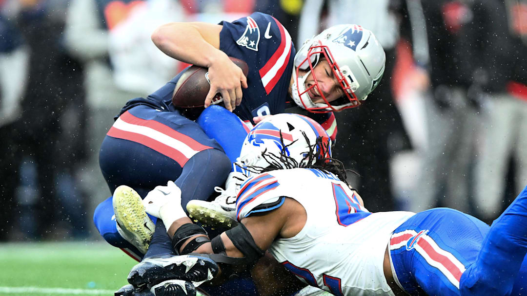 Dec 14, 2025; Foxborough, Massachusetts, USA; New England Patriots quarterback Drake Maye (10) is sacked by Buffalo Bills linebacker Matt Milano (58) during the second half at Gillette Stadium. Mandatory Credit: Brian Fluharty-Imagn Images Dec 14, 2025; Foxborough, Massachusetts, USA; New England Patriots quarterback Drake Maye (10) is sacked by Buffalo Bills linebacker Matt Milano (58) during the second half at Gillette Stadium. Mandatory Credit: Brian Fluharty-Imagn Images