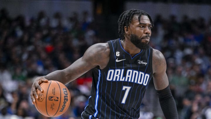 Oct 30, 2022; Dallas, Texas, USA; Orlando Magic guard Kevon Harris (7) in action during the game between the Dallas Mavericks and the Orlando Magic at the American Airlines Center. Mandatory Credit: Jerome Miron-USA TODAY Sports