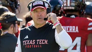 Oct 18, 2025; Tempe, Arizona, USA; Texas Tech Red Raiders head coach Joey McGuire against the Arizona State Sun Devils in the first half at Mountain America Stadium. Mandatory Credit: Mark J. Rebilas-Imagn Images