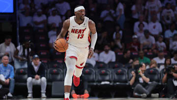 Apr 26, 2025; Miami, Florida, USA; Miami Heat center Bam Adebayo (13) dribbles the basketball against the Cleveland Cavaliers in the third quarter during game three for the first round of the 2025 NBA Playoffs at Kaseya Center. Mandatory Credit: Sam Navarro-Imagn Images