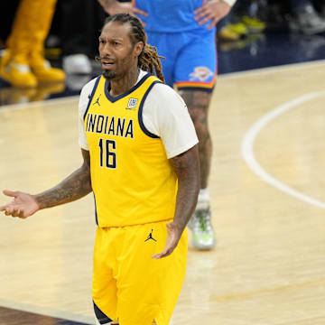 Indiana Pacers forward Johnson reacts after being ejected from the game during the second half of game six of the 2025 NBA Finals.