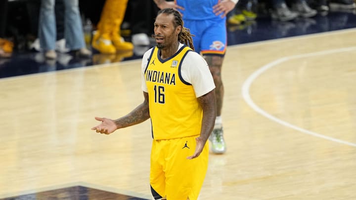 Indiana Pacers forward Johnson reacts after being ejected from the game during the second half of game six of the 2025 NBA Finals. Indiana Pacers forward Johnson reacts after being ejected from the game during the second half of game six of the 2025 NBA Finals.