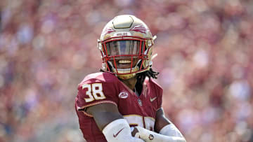 Oct 14, 2023; Tallahassee, Florida, USA; Florida State Seminoles defensive back Shyheim Brown (38) smiles after a defensive stop against the Syracuse Orange during the first half at Doak S. Campbell Stadium. Mandatory Credit: Melina Myers-USA TODAY Sports