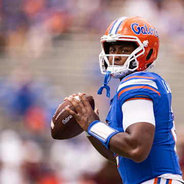 Sep 14, 2024; Gainesville, Florida, USA; Florida Gators quarterback DJ Lagway (2) looks to throw before a game against the Texas A&M Aggies at Ben Hill Griffin Stadium. Mandatory Credit: Matt Pendleton-Imagn Images