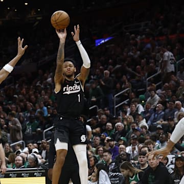 Mar 5, 2025; Boston, Massachusetts, USA; Portland Trail Blazers guard Anfernee Simons (1) shoots against the Boston Celtics during the second half at TD Garden. Mandatory Credit: Winslow Townson-Imagn Images