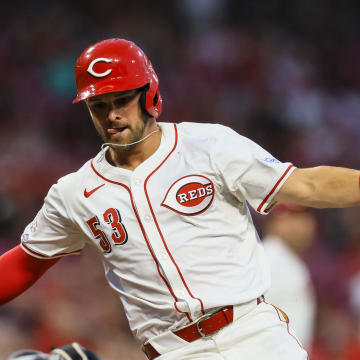 Jun 24, 2024; Cincinnati, Ohio, USA; Cincinnati Reds outfielder Levi Jordan (53) scores on a RBI double hit by catcher Luke Maile (not pictured) in the sixth inning against the Pittsburgh Pirates at Great American Ball Park. Mandatory Credit: Katie Stratman-USA TODAY Sports
