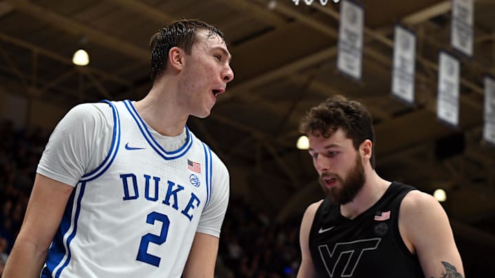 Dec 31, 2024; Durham, North Carolina, USA; Duke basketball forward Cooper Flagg (2) reacts after dunking during the second half against the Virginia Tech Hokies at Cameron Indoor Stadium.
