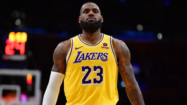 Apr 25, 2024; Los Angeles, California, USA; Los Angeles Lakers forward LeBron James (23) reacts during the second half in game three of the first round for the 2024 NBA playoffs at Crypto.com Arena. Mandatory Credit: Gary A. Vasquez-USA TODAY Sports
