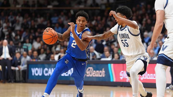 Jan 7, 2026; Villanova, Pennsylvania, USA; Creighton Bluejays guard Blake Harper (2) drives against Villanova Wildcats guard Acaden Lewis (55) in the second half at William B. Finneran Pavilion. Mandatory Credit: Kyle Ross-Imagn Images