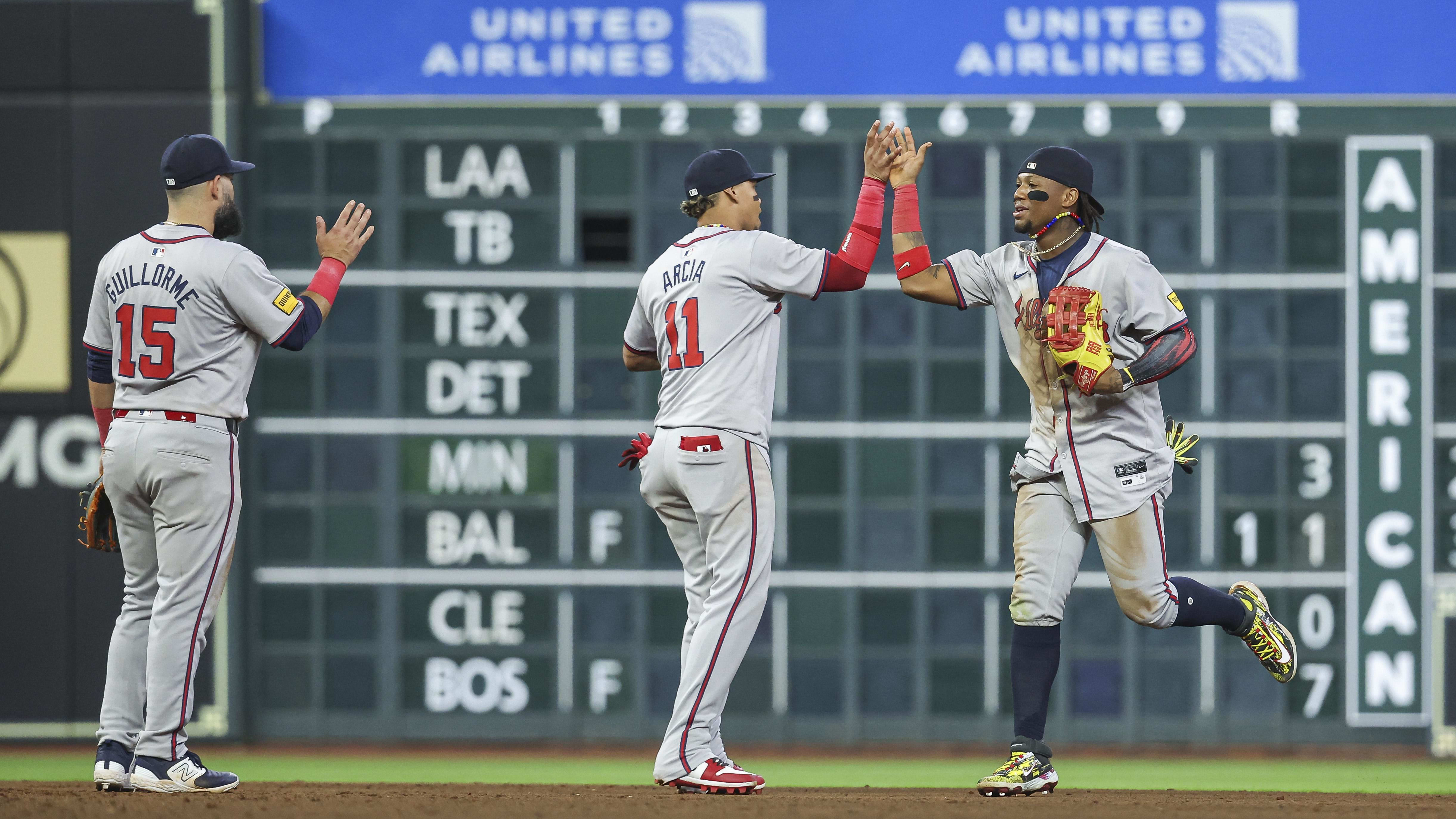 Apr 16, 2024; Houston, Texas, USA; Atlanta Braves shortstop Orlando Arcia (11) and right fielder