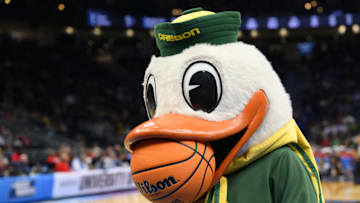 Mar 21, 2025; Seattle, WA, USA; The Oregon Ducks mascot performs during the second half in the first round of the NCAA Tournament at Climate Pledge Arena. Mandatory Credit: Steven Bisig-Imagn Images