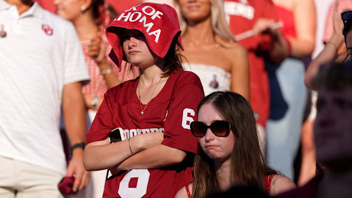 Oklahoma fans react in the second half of the Red River Rivalry Oklahoma fans react in the second half of the Red River Rivalry