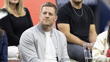 Oct 1, 2023; Houston, Texas, USA; Former Houston Texans JJ Watt listens during his Ring Of Honor Ceremony at halftime during the game between the Texans and Pittsburgh Steelers at NRG Stadium. Mandatory Credit: Thomas Shea-Imagn Images