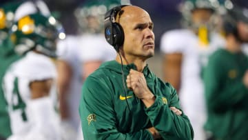 Nov 11, 2023; Manhattan, Kansas, USA; Baylor Bears head coach Dave Aranda looks on during the fourth quarter against the Kansas State Wildcats at Bill Snyder Family Football Stadium. Mandatory Credit: Scott Sewell-USA TODAY Sports
