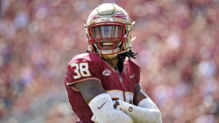 Oct 14, 2023; Tallahassee, Florida, USA; Florida State Seminoles defensive back Shyheim Brown (38) smiles after a defensive stop against the Syracuse Orange during the first half at Doak S. Campbell Stadium. Mandatory Credit: Melina Myers-USA TODAY Sports