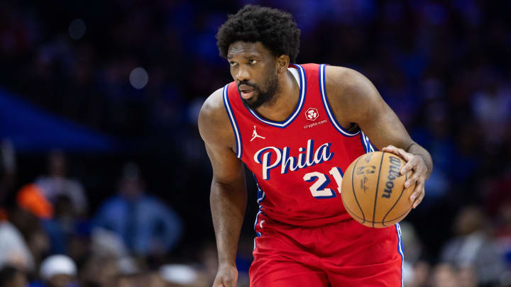 Apr 28, 2024; Philadelphia, Pennsylvania, USA; Philadelphia 76ers center Joel Embiid (21) dribbles the ball against the New York Knicks during the first half of game four of the first round in the 2024 NBA playoffs at Wells Fargo Center. Mandatory Credit: Bill Streicher-USA TODAY Sports