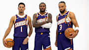 Sep 24, 2025; Phoenix, AZ, USA; Phoenix Suns guard Devin Booker (1), forward Dillon Brooks (3) and guard Jalen Green (4) pose for portrait during Media Day at PHX Arena. Mandatory Credit: Mark J. Rebilas-Imagn Images