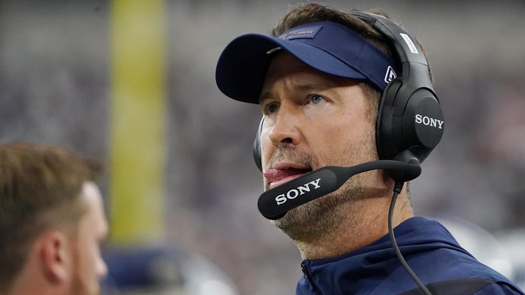 Sep 14, 2025; Arlington, Texas, USA; Dallas Cowboys head coach Brian Schottenheimer looks on during the first quarter at AT&T Stadium.