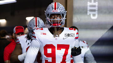 Jan 20, 2025; Atlanta, GA, USA; Ohio State Buckeyes defensive end Kenyatta Jackson Jr. (97) against the Notre Dame Fighting Irish during the CFP National Championship college football game at Mercedes-Benz Stadium. Mandatory Credit: Mark J. Rebilas-Imagn Images