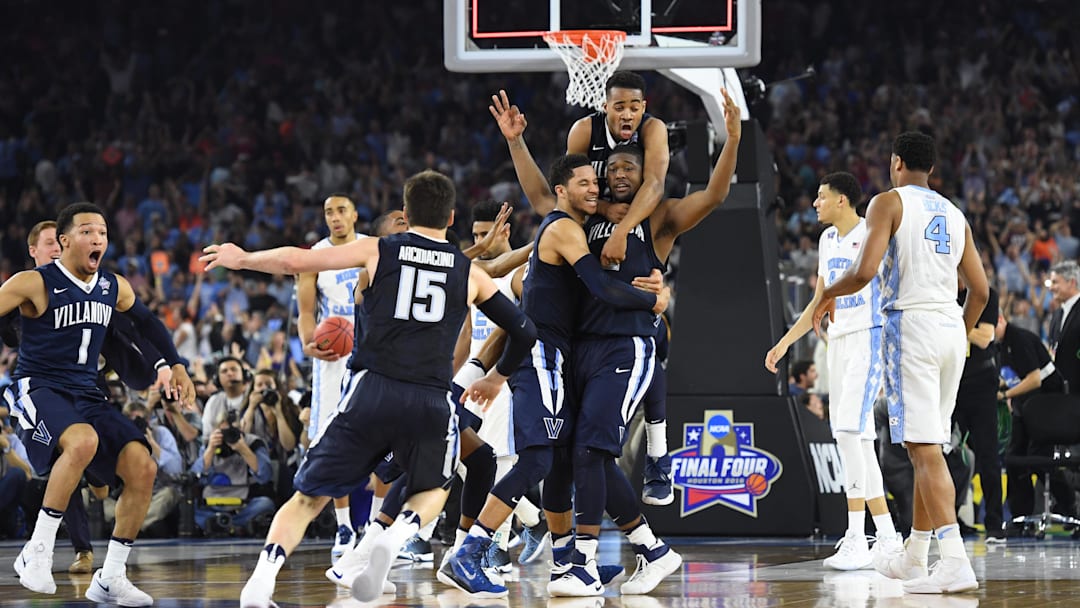  Villanova Wildcats forward Kris Jenkins (2) celebrates with teammates after making the game-winning shot against the North Carolina Tar Heels in the championship game of the 2016 NCAA Men's Final Four at NRG Stadium. 