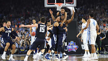  Villanova Wildcats forward Kris Jenkins (2) celebrates with teammates after making the game-winning shot against the North Carolina Tar Heels in the championship game of the 2016 NCAA Men's Final Four at NRG Stadium. 