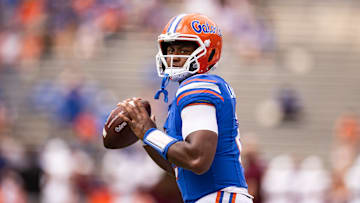Sep 14, 2024; Gainesville, Florida, USA; Florida Gators quarterback DJ Lagway (2) looks to throw before a game against the Texas A&M Aggies at Ben Hill Griffin Stadium. Mandatory Credit: Matt Pendleton-Imagn Images