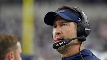 Sep 14, 2025; Arlington, Texas, USA; Dallas Cowboys head coach Brian Schottenheimer looks on during the first quarter at AT&T Stadium. Mandatory Credit: Raymond Carlin III-Imagn Images