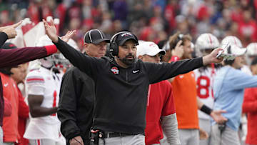 Nov 16, 2024; Chicago, Illinois, USA; Ohio State Buckeyes head coach Ryan Day gestures to the officials against the Northwestern Wildcats during the second half at Wrigley Field. Mandatory Credit: David Banks-Imagn Images