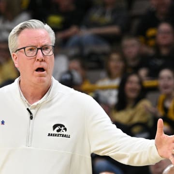 Iowa Hawkeyes head coach Fran McCaffery reacts during the first half against the Penn State Nittany Lions at Carver-Hawkeye Arena. 