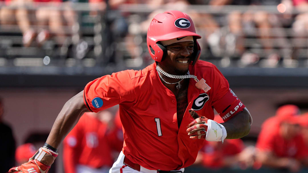 Georgia infielder Tre Phelps (1) runs for first during a NCAA Regionals game against Binghamton in Athens, Ga., on Friday, May 30, 2025.