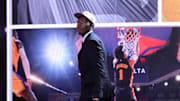 Jun 25, 2025; Brooklyn, NY, USA;  Derik Queen reacts on stage after being selected as the 13th pick by the Atlanta Hawks in the first round of the 2025 NBA Draft at Barclays Center. Mandatory Credit: Brad Penner-Imagn Images