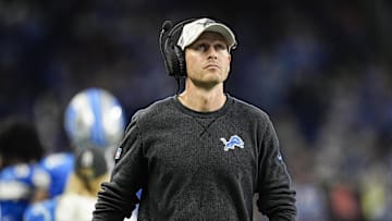 Nov 17, 2024; Detroit, MI, USA; Detroit Lions offensive coordinator Ben Johnson watches a replay against Jacksonville Jaguars during the second half at Ford Field in Detroit on Sunday, Nov. 17, 2024.