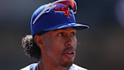 Apr 20, 2025; New York City, New York, USA; New York Mets shortstop Francisco Lindor (12) looks back during the fifth inning against the St. Louis Cardinals at Citi Field. Mandatory Credit: Vincent Carchietta-Imagn Images