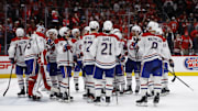 Apr 30, 2025; Washington, District of Columbia, USA; Montreal Canadiens players wait to go through the handshake line after game five of the first round of the 2025 Stanley Cup Playoffs against the Washington Capitals at Capital One Arena. Mandatory Credit: Geoff Burke-Imagn Images