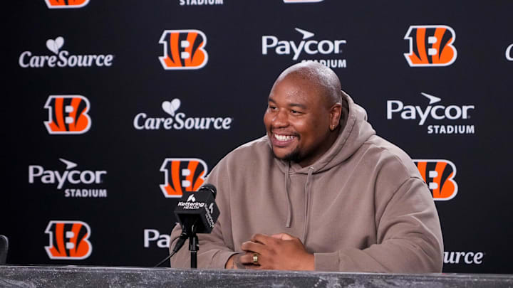 Newly signed Cincinnati Bengals defense tackle Dexter Lawrence speaks in a press conference for the first time since joining the team at Paycor Stadium in Cincinnati on Monday, April 20, 2026.