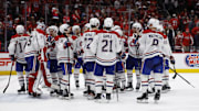 Apr 30, 2025; Washington, District of Columbia, USA; Montreal Canadiens players wait to go through the handshake line after game five of the first round of the 2025 Stanley Cup Playoffs against the Washington Capitals at Capital One Arena. Mandatory Credit: Geoff Burke-Imagn Images