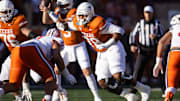 Dec 21, 2024; Austin, Texas, USA; Texas Longhorns offensive lineman Kelvin Banks Jr. (78) against the Clemson Tigers during the CFP National playoff first round at Darrell K Royal-Texas Memorial Stadium. Mandatory Credit: Mark J. Rebilas-Imagn Images