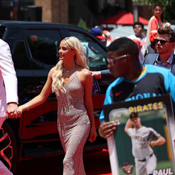 Pittsburgh Pirates pitcher Paul Skenes walks the red carpet with LSU gymnast and girlfriend Livvy Dunne before the 2024 MLB All-Star game at Globe Life Field on July 16.