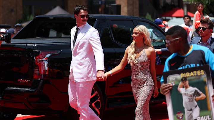 Pittsburgh Pirates pitcher Paul Skenes walks the red carpet with LSU gymnast and girlfriend Livvy Dunne before the 2024 MLB All-Star game at Globe Life Field on July 16.