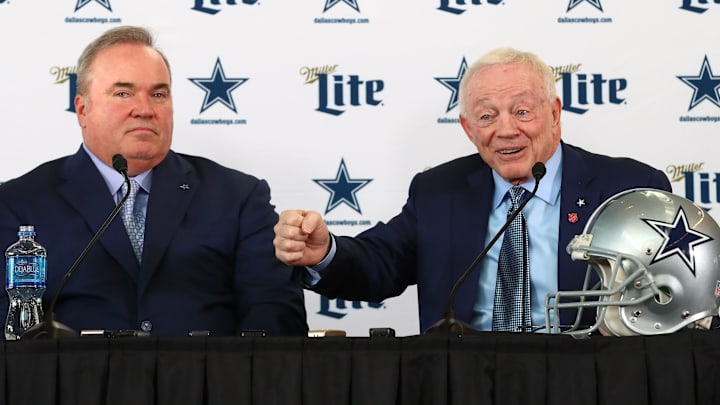 Jan 8, 2020; Frisco, Texas, USA; Dallas Cowboys owner Jerry Jones answers questions with new head coach Mike McCarthy during a press conference at Ford Center at the Star. Mandatory Credit: Matthew Emmons-Imagn Images