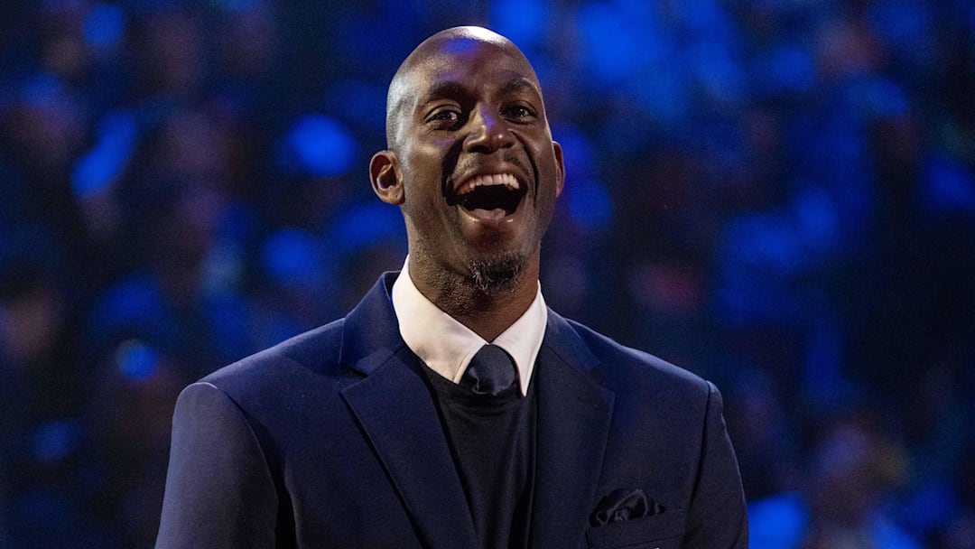 February 20, 2022; Cleveland, Ohio, USA; NBA great Kevin Garnett is honored for being selected to the NBA 75th Anniversary Team during halftime in the 2022 NBA All-Star Game at Rocket Mortgage FieldHouse. Mandatory Credit: Kyle Terada-Imagn Images