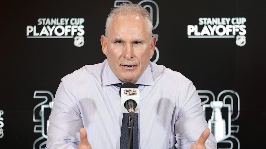 May 5, 2025; Toronto, Ontario, CAN; Toronto Maple Leafs head coach Craig Berube during a post-game press conference following game one in the second round of the 2025 Stanley Cup Playoffs against the Florida Panthers at Scotiabank Arena. Mandatory Credit: John E. Sokolowski-Imagn Images
